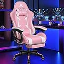 ALFORDSON Computer Gaming Chair with Massage Lumbar Cushion and Footrest, Ergonomic Swivel Recliner Leather Home Ergonomic Desk Chair with Armrest Headrest, Office Chair with Recline (Pink)