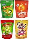 Derby Kaireez Kaccha Mango Flavor, Naranja Orange Flavor, Happy Birthday Mixed Fruit Center Filled Candy & Panvaa (Banarasi Paan) Pack of 8 / Birthday Party/Return Gifts to Your Family & Friends / 1400Gms