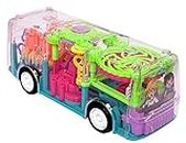 Cable World Transparent 3D Bus Toy 360 Degree Rotation, Gear Simulation Mechanical Bus Sound and Light Toy for 2-5 Years Boys and Girls