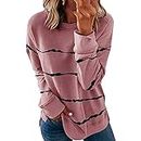 Today Deals Amazon Womens Plus Size Long Sleeve Tops Fall Fashion 2023 Casual Crewneck Tunic Shirts Striped Print Pullover Sweatshirts Long Tunic Tops for Women Pink 3X
