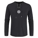 discountstore145 Men's Plus Size Ancient Viking Embroidery Lace Up V Neck Loose Shirt Top, Black, Large