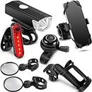 7 Pieces Bicycle Accessories Set, Silicone Phone Holder Secure, Aluminum Bike Bell, 360 Degree Cup Holder Bottle Cage, 2 USB Rechargeable Bike Lights, 2 Bike Rear View Mirrors Wide Angle Convex Mirror