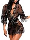 Avidlove Women's Lace Kimono Robe Babydoll Lingerie Mesh Nightgown Black L