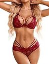 Avidlove Lingerie Lace Babydoll 2 Piece Sexy Bra and Panty Sets Dark Red S
