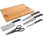 SWIMERO,Wooden Chopping Board Knife Set Vegetable-Meat Cutting Steel Scissor Cutter Bamboo Slicing Grater Chopper Slicer Combo Set Accessories Tools (Home & Kitchen)(Set of 5 + 1 Chopper Board)