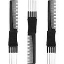 3 Pack Black Carbon Lift Teasing Combs with Metal Prong, Salon Teasing Back Combs, Black Carbon Comb with Stainless Steel Lift (Style A)