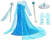 Luxury Princess Dress for Elsa Costumes with Shining Long Cap Girls Birthday Party Blue 6-7 Years