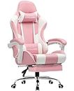 GTPLAYER Gaming Chair, Computer Chair with Footrest and Lumbar Support, Height Adjustable Game Chair with 360°-Swivel Seat and Headrest and for Office or Gaming (Faux Leather, Pink)