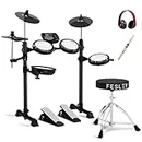 Fesley FED150W Electric Drum Set, Electronic Drum Set for Kids Beginner with 4 Drum Pads, Light and Portable Drum Set with Bluetooth and MIDI function, Throne, Headphones, Sticks