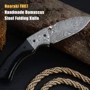 Handmade Damascus Steel Folding Knife Beautiful Buffalo Horn Handle W / Scabbard