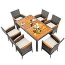 Tangkula 7 Pieces Outdoor Dining Furniture Set, Patio Rattan Conversation Set with Spacious Acacia Wood Table, 6 Chairs with Widened Armrests, Non-slip Foot Pads, Suitable for Backyard Poolside (Grey)