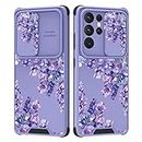PERRKLD for Samsung Galaxy S21 Ultra Case with Slide Camera Cover Cute Purple Lavender Floral Flowers Design for Women Girls Anti-Scratch Hard PC Shockproof Protective Case for S21 Ultra 6.8 Inch