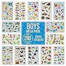 Boys Children Stickers for Scrapbooking, Crafting, Decorating - Over 280 Self Adhesive Paper Stickers 14 Designs - Party Bag Fillers for Kids, Teacher Classroom Rewards - Pirates, Dinosaurs, Cars