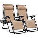 Best Choice Products Set of 2 Adjustable Steel Mesh Zero Gravity Lounge Chair Recliners w/Pillows and Cup Holder Trays - Sand