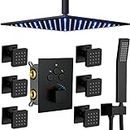 GaZjU Thermostatic LED Rain 12 Inch Ceiling Rain Square Shower System with 6 PCS Shut-Off Body Jets and Handheld Shower Faucet Mixer Combo Set Can Use All Buttons At The Same Time Matte Black