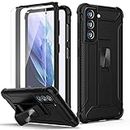 ORETech for Samsung S21 Case with [2 Tempered Glass Screen Protector] Heavy Duty S21 Case Shockproof Hard PC Soft Rubber Edge with Kickstand Protective Cover for Samsung Galaxy S21 Case 6.2" Black