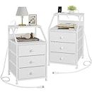 REAHOME Nightstand Set of 2, White Night Stands with Charging Station, Bedside Tables with 3 Fabric Drawers and 2-Tie Storage Shelves, Modern Side Table for Bedroom - Leather White
