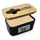 TERXA Ceramic Butter Box | Butter Dish with Wooden Lid & Knife | Butter Storage Container | Fridge Microwave Dishwasher Safe Box | Butter Keeper Holder | for Home/Kitchen (Pack of 1,Multicolor)