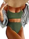 JJAI Womens High Waisted Bikini Set Ribbed Two Piece Swimsuit Spaghetti Strap Swimwear (Army Green, Small)