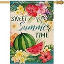 Artofy Sweet Summer Time Watermelon Large Decorative House Flag, Hibiscus Frangipani Flowers Tropical Yard Garden Outside Decor, Hawaii Palm Leaves Burlap Outdoor Home Decoration Double Sided 28 x 40