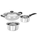 Amazon Brand - Solimo Stainless Steel - 3 Pcs Kitchen Delight Cookware Set (15 Cm Sauce Pan, 23 Cm Kadai with Ss Lid, 20 Cm Tope), Silver