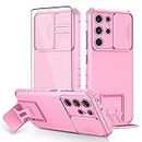 Asuwish Phone Case for Samsung Galaxy S21 Ultra 5G with Tempered Glass Screen Protector and Slide Camera Cover Kickstand Stand Protective Cell Accessories S21ultra 21S S 21 21ultra G5 Women Men Pink