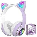 Lirunshe Headphones with LED Light Up, Cat Ears Bluetooth Headphone for Girls, Over-Ear Adjustable Stereo Headsets with Microphone for Kids Girls Women