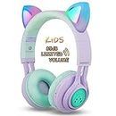 Riwbox – Casque Bluetooth sans Fil en Forme d’Oreilles de Chat pour Enfant avec Microphone, Volume limité à 85 DB, Lumineux, pour Phone/iPad/Ordinateur Portable/PC/TV - CT-7S Purple&Gree