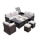 Moda Furnishings 7-Piece Outdoor Sofa with Aluminium Table top Fire Pit Set