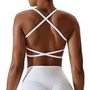Qmttoae Sports Bras Women Strappy Backless Sports Bra Fitness Criss Cross Back Yoga Bra with Removable Padded Gym Workout Top (White,S)
