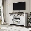 HOSTACK Barn Door TV Stand for TVs Up to 65", Modern Farmhouse Wood Entertainment Center, Media Console Table with Storage Cabinet & Adjustable Shelves, Buffet Sideboard for Dining Room, White