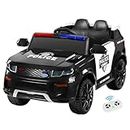 Rigo Kids Ride on Car Police, Remote Control 12V Battery Horn Headlight Built-in Music 30kg Capacity Safety Seat Belt Electric Cars for Toddlers Baby Walkers Little Tikes Rides Kid Toy Black