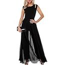 Women's Elegant Solid Color Jumpsuit Round Neck Sleeveless High Waist Romper Wide Leg Trousers Overalls Cocktail Party (Color : Black, Size : Large)