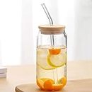 SKDBPM Glass Tumbler with Bamboo Lid and Glass Straw Glass Reusable Coffee Sipper Mug Clear Drinking Cup for Juice, Iced Tea Adults & Girls (Can with Wooden Lid)(Pack of 1-500ML)