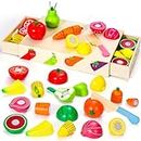 Subtail Wooden Food Toys - Wooden Play Food Kitchen Toys - Play Food Sets for Children Kitchen - Pretend Food Fruit and Vegetables Toys - Wooden Cutting Toy - Toddler Toys for 2 Year Old Boy Girls