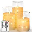 salipt LED Kerzen im Glas, Flammenlose Kerzen mit Beweglicher Flamme, Elektrische Kerzen mit Fernbedienung, 3er-Set Kerze mit Timer, Durchmesser 7.6 cm, Höhe 10.2 12.7 15.3 cm - Lichterkette Weiß