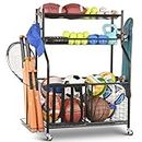 PLKOW Sports Equipment Storage for Garage, Garage Sports Equipment Organizer, Ball Storage Rack, Garage Organizer with Basket and Hooks for Toy Sports Gear Storage
