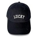 Lucky Navy Blue Baseball Cap with White Embroidery | Lucky Girl Syndrome for The Manifesting Person in Your Life. Manifest It All While A HGW, Out for Errands, at The Park, Navy Blue, One size