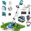Lemolifys 12'' 20000 RPM Weed Wacker Battery Powered, 3000mAh Grass Trimmer Cordless Brush Cutter Heavy Duty, Cordless String Trimmer Lawn Edger with Wheel, Battery Charger, Metal Blade
