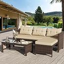 Shintenchi Outdoor Patio Furniture Sets, Wicker Patio sectional Sets 3-Piece, All Weather Wicker Rattan Patio Seating Sofas with Glass Coffee Table and Cushion (Khaki)