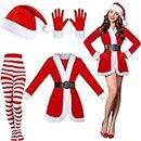 Funtery 5 Pcs Santa Claus Costume Women Christmas Suit Including Velvet Dress with Belt, Hat, Striped Tights, Velvet Gloves