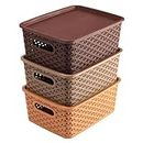Kuber Industries Multipurpose Solitaire Storage Basket with Lid|Strong Plastic Material & Side Grip|Size Small 25 x 19 x 10.5,Pack of 3 (Multi)-CTLTC010898