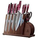 Piklohas Knife Sets for Kitchen with Block, 14 Pieces with Magnetic Knife Holder, German High Carbon Stainless Steel Damascus Pattern Chef Knife Set with Sharpener, Steak Knives, Red