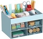 Amazon Brand – Umi Multi-functional Desk Organizer with 4 Compartments & 4 Drawer Desktop Office Supplies Stationery Storage Box Cosmetic Organizer for Pens Staplers Clips Sticky Notes - Blue