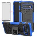 Phone Case for Samsung Galaxy S10 with Tempered Glass Screen Protector Cover and Stand Kickstand Hard Rugged Hybrid Accessories Heavy Duty Rubber Shockproof S 10 10S GS10 SX Samsungs10 Girls Men Blue