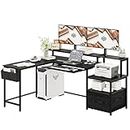 IRONCK L Shaped Computer Desk, 66" Corner Desk with Power Outlet, File Drawer, Keyboard Tray, Riser Monitor Shelf and Storage Bag, Study Writing Table Workstation for Home Office, Black