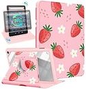 Kidcube for Amazon Kindle Fire 7 Tablet Case 12th Generation 2022 Release for Women Girls Cute Girly Folio Cover Strawberry Design Pretty Rotating Stand with Auto Wake/Sleep for Kindle Fire 7 Cases 7"