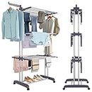Foldable Clothes Drying Rack,4-Tier Clothes Hanger Large Adjustable Stainless Steel Garment Laundry Racks Folds Flat for Easy Storage