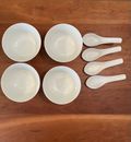 Set Of 4 White Porcelain Rice/Soup/Pho Bowls & Spoons; Asian
