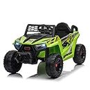 TOBBI 12V Kids Ride on Car, Electric Off-Road UTV Truck with Forward and Reverse Functions, Double Open Doors, Safety Belt, Horn, Music, and Lights for Kids Aged 3-5 Years (Fluorescent Green)